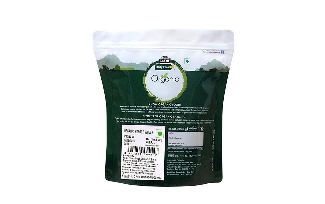 Laxmi Daily Feast Organic Moong Whole    Pack  500 grams